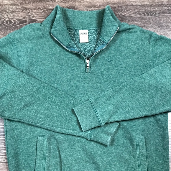 PINK Victoria’s Secret Women’s 1/4 Zip Green Mock Neck PINK Carpet Logo Sweater - Picture 6 of 8